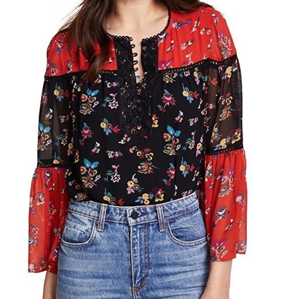 Rebecca Minkoff - Red and Black Floral Bell Sleeve Luca Blouse